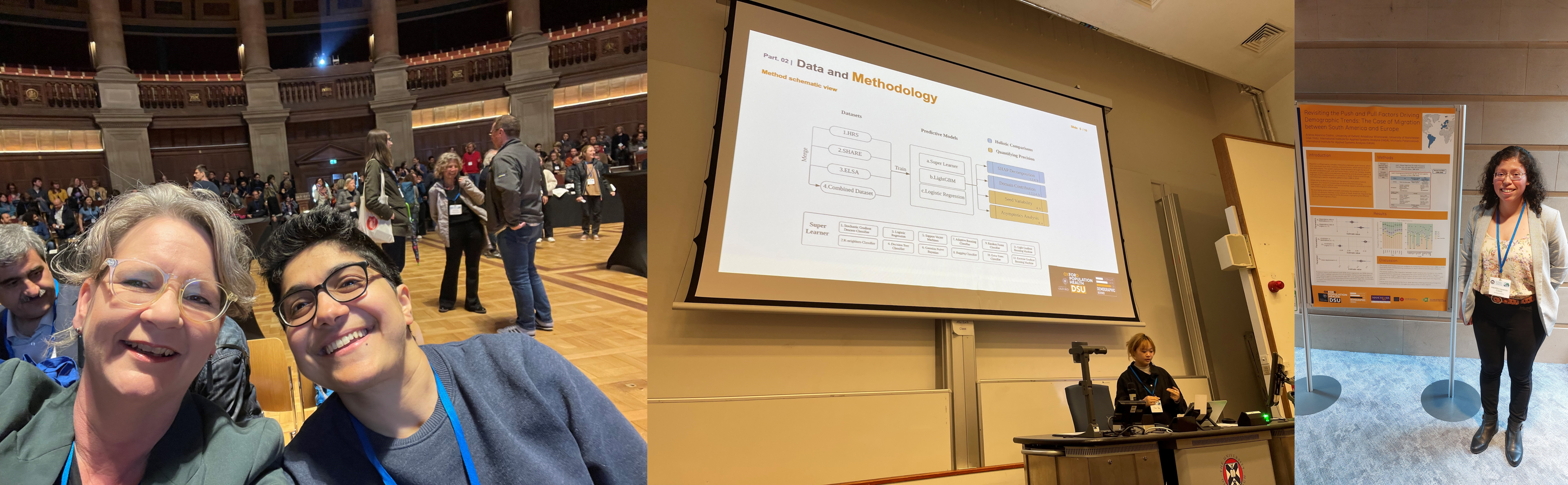 From left to right: Professors Melinda Mills and Ridhi Kashyap at the EPC opening ceremony, Jiani Yan presenting at a session, and Andrea Aparicio Castro presenting at a poster session. 