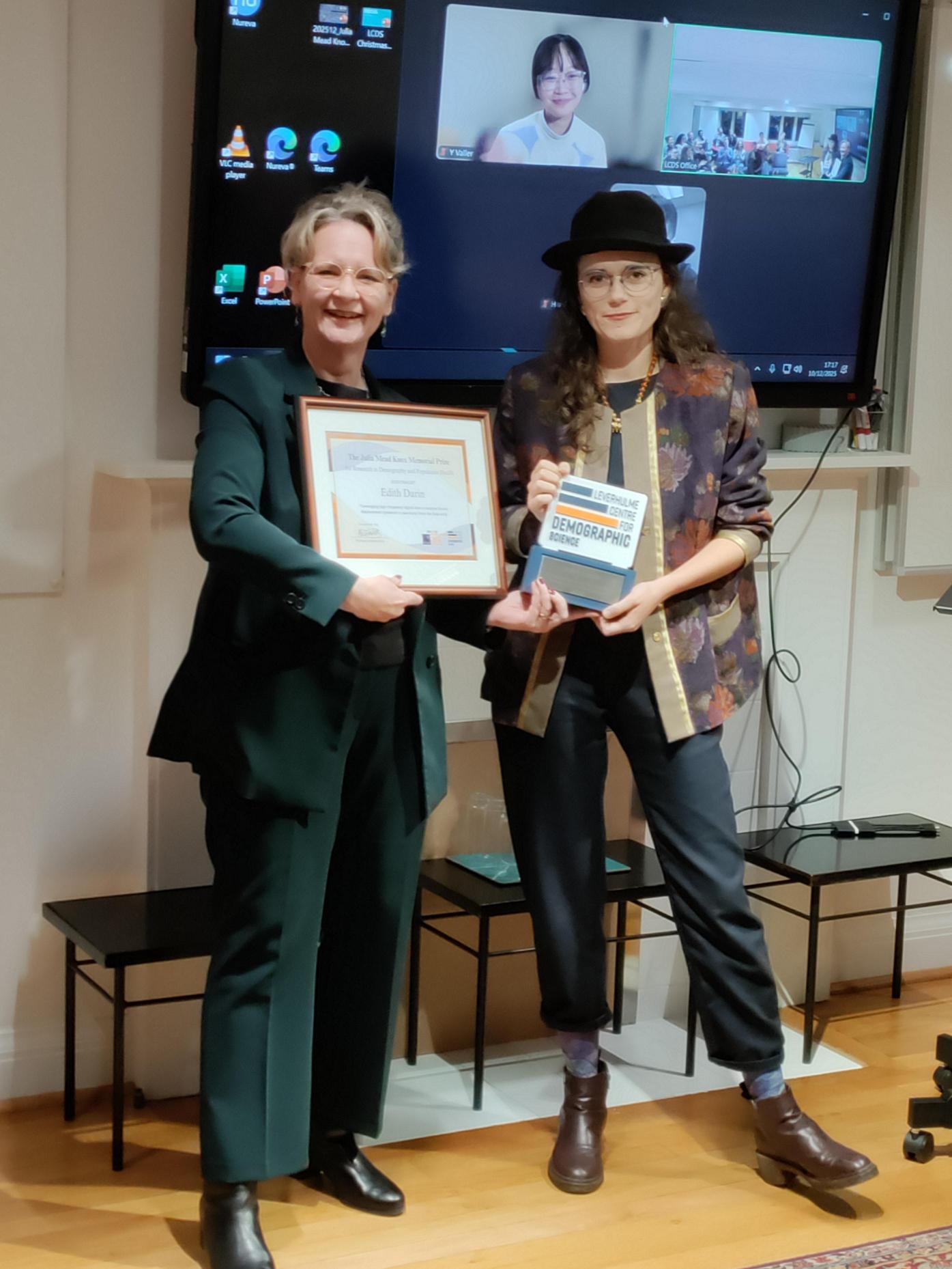 Pictured, Prof Melinda Mills, Director LCDS and First Prize Winner Édith Darin