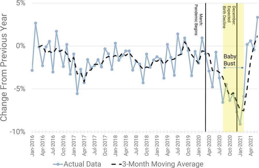 Study figure 5: 12-month percentage change in births, 2016–2020