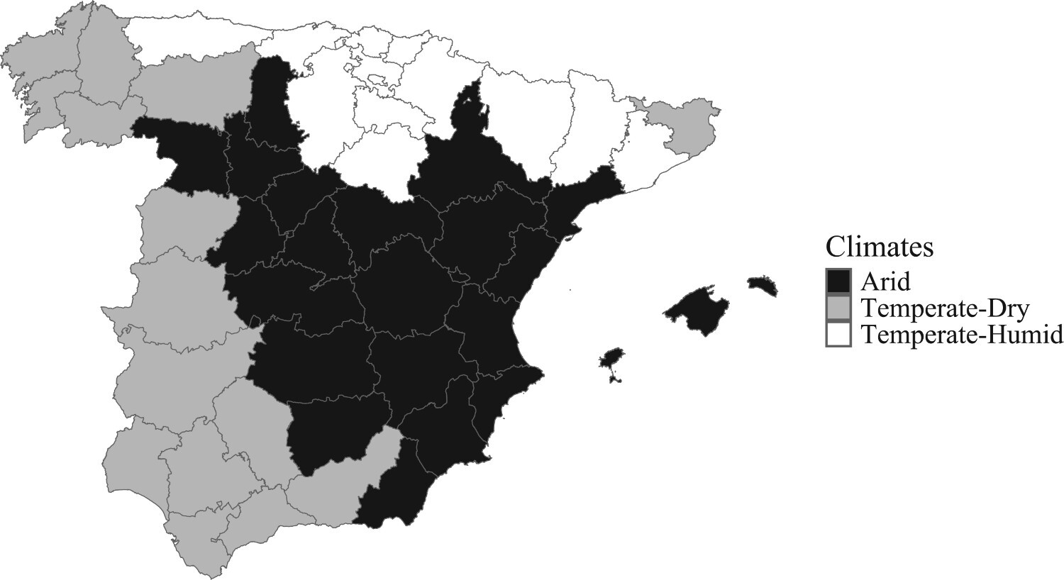 Study figure: Figure 1 Köppen–Geiger classification of provinces in continental Spain and the Balearic Islands