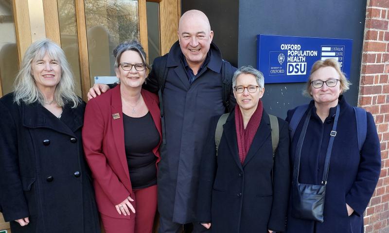 Professor Anna Vignoles, Professor Melinda Mills, Alan Jope, Katharyn Lanaro and Elizabeth Dymond outside the Leverhulme Centre for Demographic Science in Oxford.